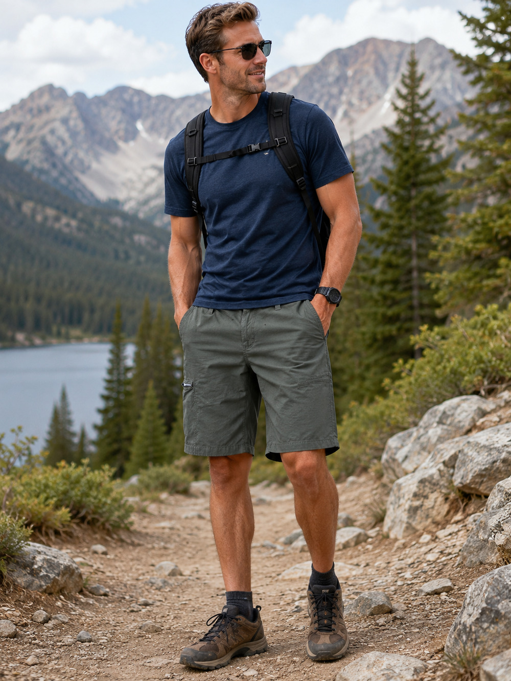 Waterproof Green Cargo Hiking Shorts Mens 38 Gorpcore Trail Utility Stretch
